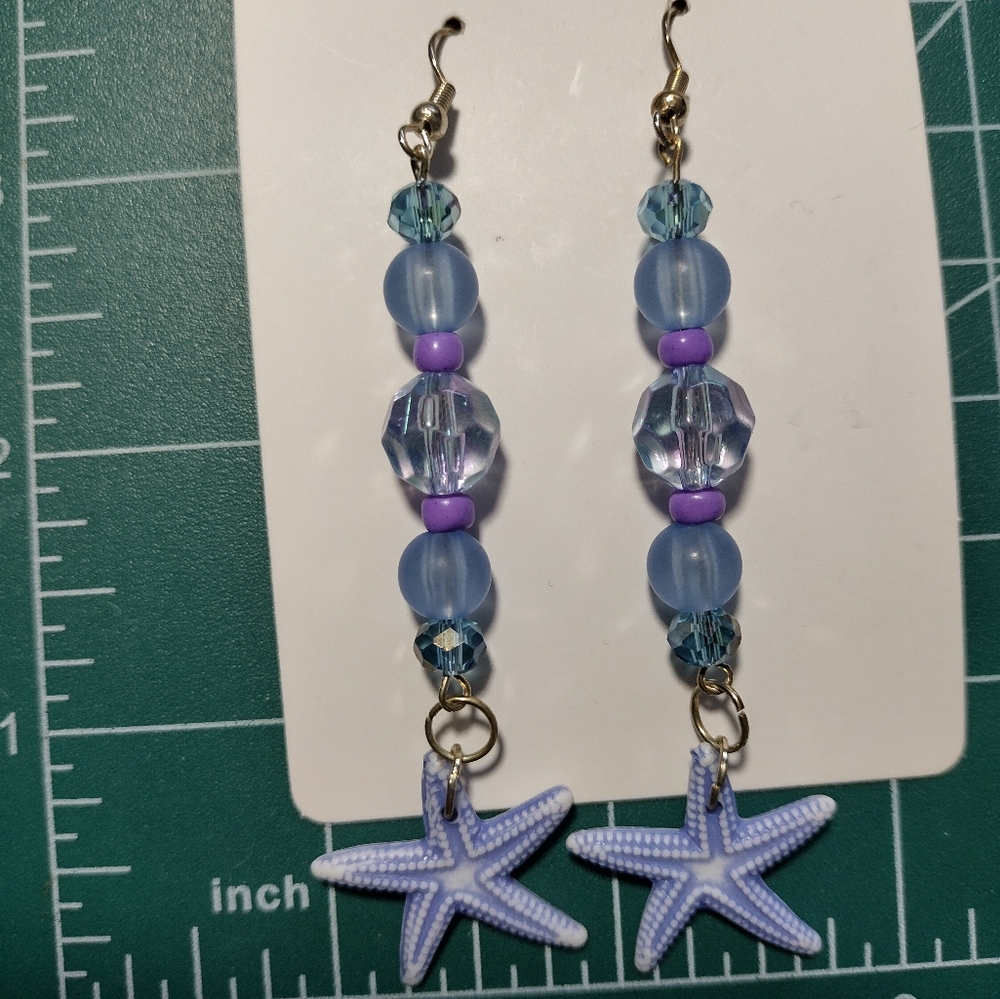 Handmade dangle earrings, purple and blue, starfish, ocean theme, beaded